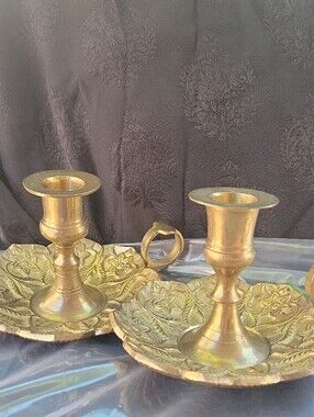 Vintage Brass Floral Embossed Chamberstick Candle Holder  Set of 2- Brass